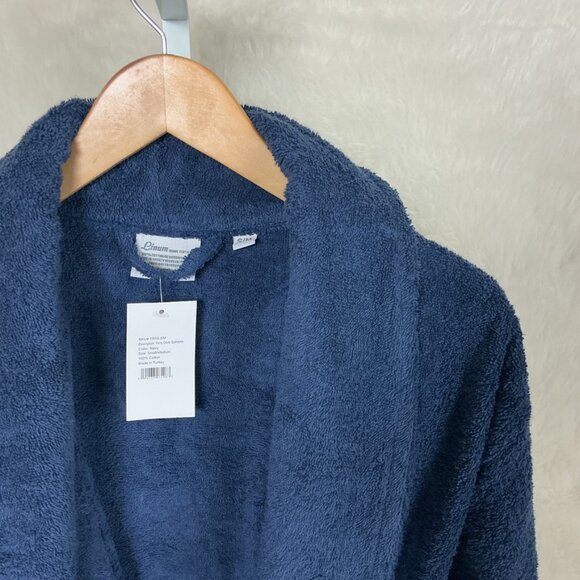 Linum 100% Cotton Terrycloth Bathrobe Navy Blue NWT S/M - Picture 2 of 4